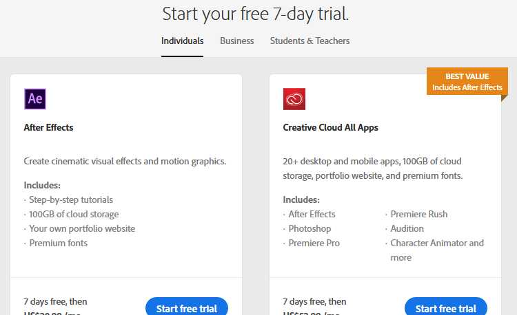 adobe after effects free trial download windows