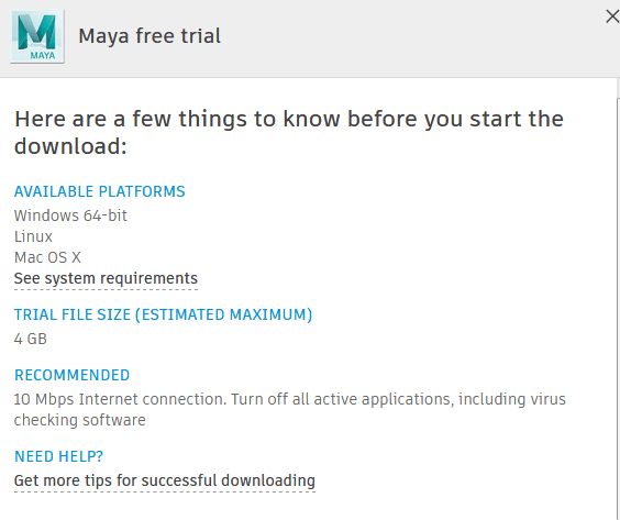autodesk maya trial requirements