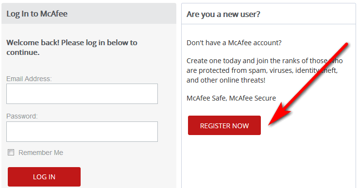 Create McAfee free account