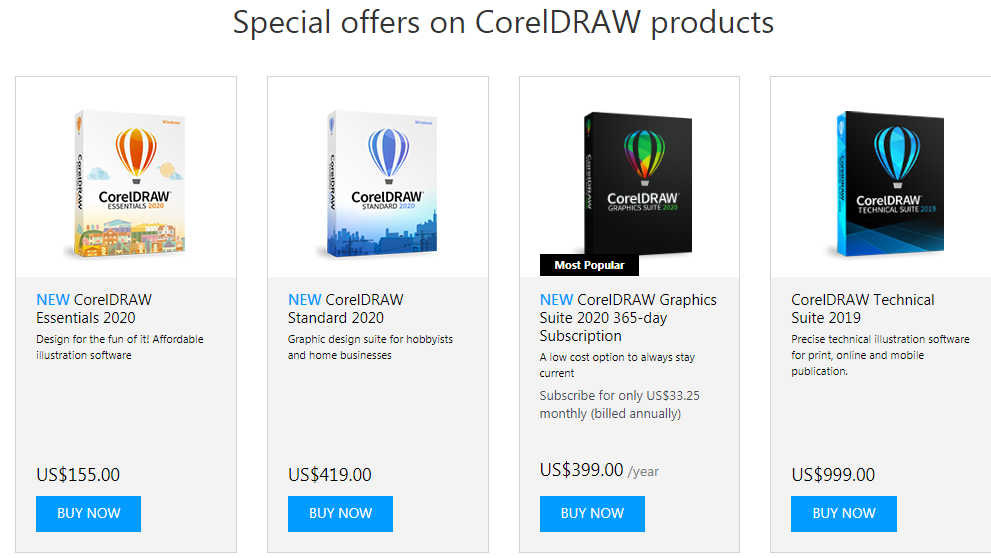 CorelDraw pricing page